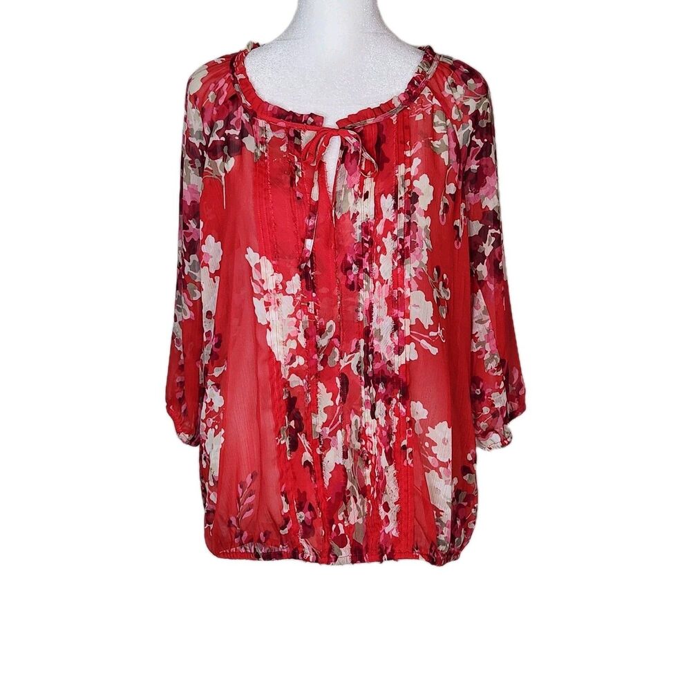 Express Red Floral Chiffon Bubble Hem Pintuck Pleat Top 3/4 Sleeve M Cottagecore
